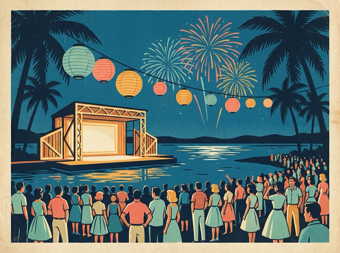 Retro postcard of an Orlando festival on a palm-lined avenue at golden hour