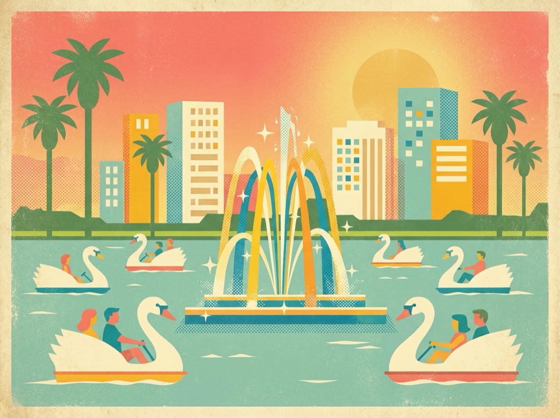 Retro postcard of an Orlando attraction at golden hour with the Orlando Eye and palms